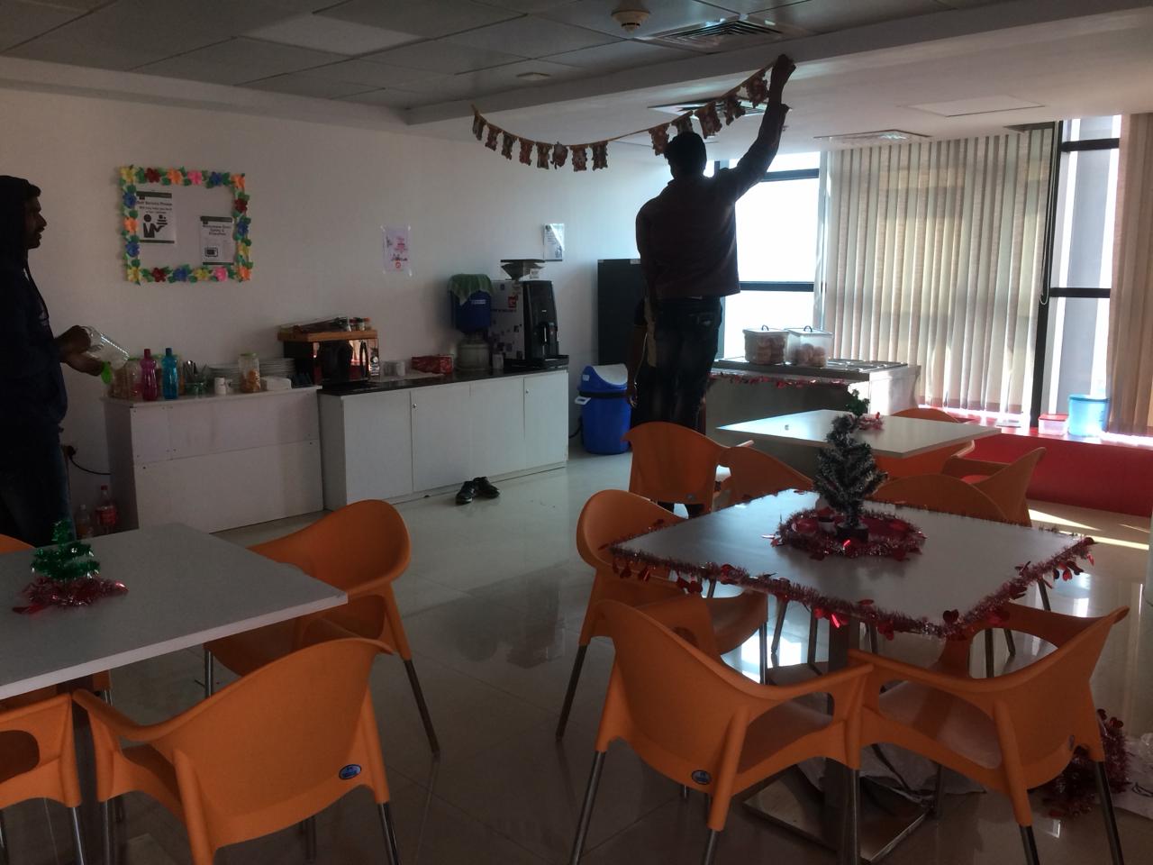 Client cafeteria decorated for a festive celebration